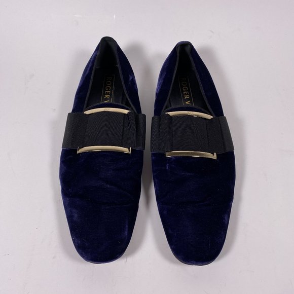 ROGER VIVIER Navy Velvet 'Tuxedo' Metal Buckle Loafers - Picture 1 of 8